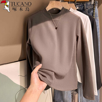 Woodpecker long-sleeved bottoming shirt for women, loose small stand-up collar, spring and autumn new style, right shoulder, versatile, slim inner top, coffee color l