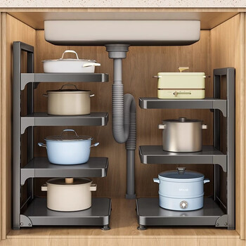 Fantasy kitchen pot rack storage rack foldable storage pot rack under the sink gun gray + 3 layers adjustable height/thickened and enlarged