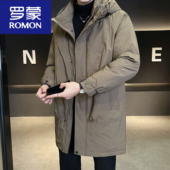 Romon mid-length men's down jacket winter thickening 2025 new trendy high-end solid color casual windbreaker style jacket coffee color m 100-125