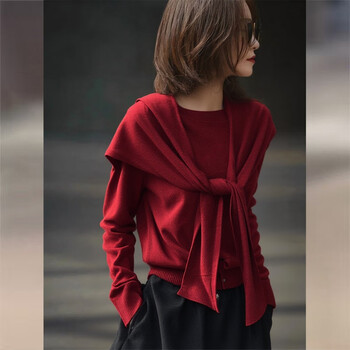 Chang wenzhu new year's jersey red sweater women's autumn and winter shawl bottoming shirt slim fit top two-piece set burgundy s