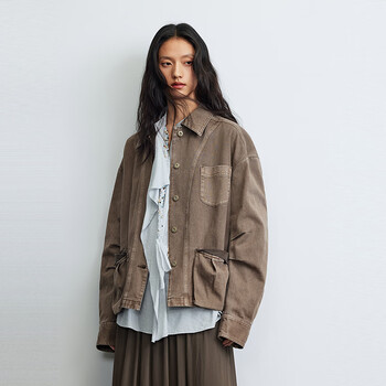 Mslan/shopping mall same style 2026 spring new classic splicing denim jacket retro simple jacket miaw037 dry brown xs