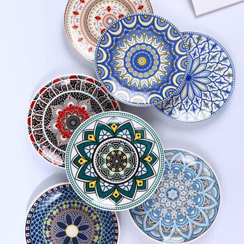 Fantasy bohemian ceramic plate, high-looking home creative dish plate, fruit plate, steak plate, round plate tableware, random bohemian 7-inch plate, 1 plate, random bohemian flower noodles