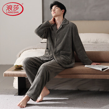 Langsha winter men's pajamas autumn and winter warm coral velvet flannel plus velvet lapel style can be worn outside simple home clothes mdf9050 canngling green m