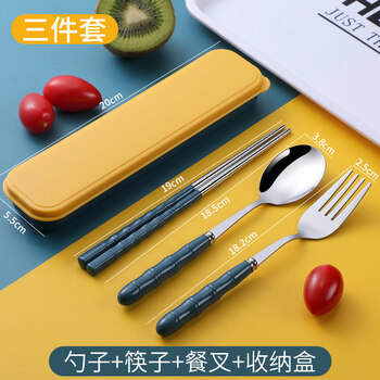 Tuojin imported high-quality japanese chopsticks and spoons set stainless steel portable tableware three-piece children's fork collection chopsticks+spoon+fork+box_navy blue
