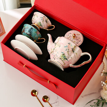 Meidao one pot, two cups and saucers, bone china coffee cup, afternoon tea tea set, premium gift box, wedding birthday gift, water cup, two nights and two nights (2 cups and saucers + pink bird 3-character pot) red box