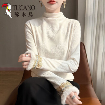 Woodpecker (tucano) new chinese style inner long-sleeved half-high collar shirt for women 2026 autumn velvet thickened national style bottoming shirt foreign style top white velvet m recommended 85-105