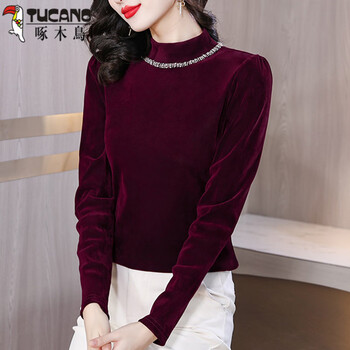 Woodpecker (tucano) gold velvet bottoming shirt for women, spring, autumn and winter 2025 new style western style shirt t-shirt half turtleneck inner top burgundy <high-end fashion western style mother's age-reducing european style inner top> m (under 100 pounds)