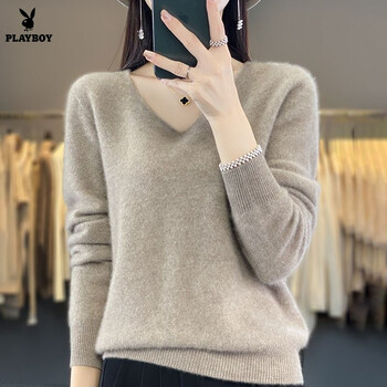 Playboy (playboy) new autumn and winter pullover v-neck sweater women's loose slimming fashionable sweater solid color large size bottoming shirt official flagship camel l 105-120 pounds