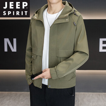 Jeep spirit hooded casual workwear jacket for men in spring and autumn new stand-up collar jacket, fashionable, handsome, versatile and high-end tops, dark green 3xl