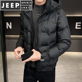 Jeep spirit men's short winter hooded down jacket 2025 new thickened warm slim fit wash-free winter jacket trend 1053-1 style black m 90-105 catties