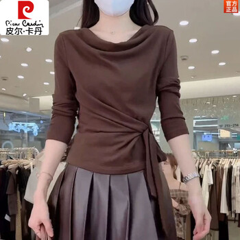 Pierre cardin french fashion design pleated long-sleeved t-shirt for women early autumn 2025 new small slim fit ins top coffee color m recommended 95-105 pounds