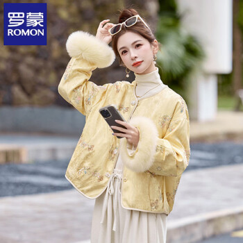 Romon new chinese style jacquard down jacket women's 2026 winter new premium 90 white duck down fox fur jacket women yellow m