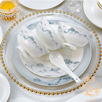 Manyuan jingdezhen underglaze color 2026 new first-class bone china bowl and dish set tableware bowl and plate ceramic light luxury housewarming gift thousands of miles of rivers and mountains soup plate configuration for 10 people 56-piece set