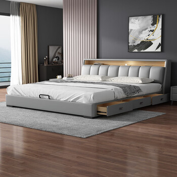 Mousse multifunctional leather bed modern simple smart master bedroom italian minimalist double solid wood high box drawer storage leather bed upgraded version light luxurious napa leather single bed 1500mm*2000mm x frame structure