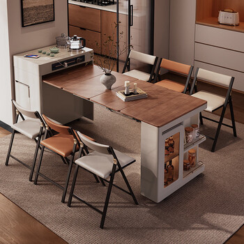 Pupan 2025 new style sideboard island dining table integrated household retractable and foldable small-sized guide-top dining table walnut color retractable island dining table + round dining chairs x6 with tea stove 75cm 210x75x75cm