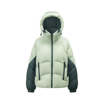 5+(fiveplus)five plus niche contrasting color hooded short down jacket for women, warm and thickened, fashionable duck down jacket, light green s (within 105 pounds)