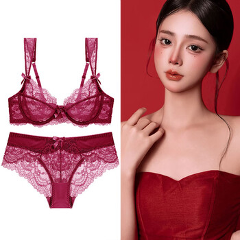 Victoria palace sexy lingerie set, ultra-thin, breathable and comfortable lace, big breasts slimming, anti-sagging push-up, large size bra, burgundy suit 80a/36a with l size underwear