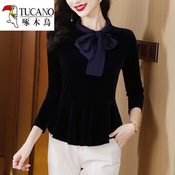 Woodpecker (tucano) gold velvet shirt women's long-sleeved bottoming shirt spring, autumn and winter new style waist skirt top mom style noble lining navy blue m recommended 85-100 pounds