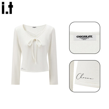 Chocoolate it women's french style v-neck bow t-shirt 2025 winter women's high-end slim fit top off-white s