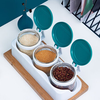 Camellia glass seasoning box seasoning jar seasoning box kitchen seasoning jar sugar salt msg jar box kitchen supplies 3 sets of seasoning boxes (blue)