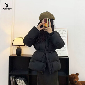 Playboy (playboy) 2026 new winter puff short down jacket for women korean style waist hooded white duck down thickened jacket for small people official flagship all-match black m suitable for 125-150 pounds