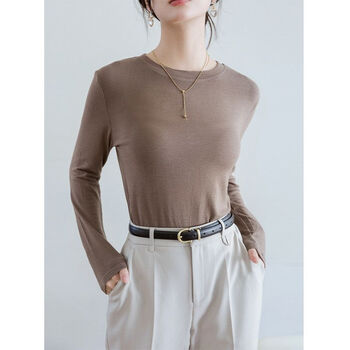 Movkz bottoming shirt women's round neck spring and autumn long-sleeved t-shirt with slim fit and versatile solid color slimming pullover top, millet color, one size