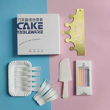 1+ customized cake plate, knife, fork and spoon set, disposable tableware plate, fork and saucer, birthday candle paper plate set, upgraded version, cake box for 10 people, 100 sets