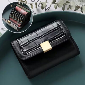 Yunluo card bag pattern multiple card slots short women's wallet niche design id bag large capacity compact black card slots anti-theft brush-(anti-degaussing shielded rfid