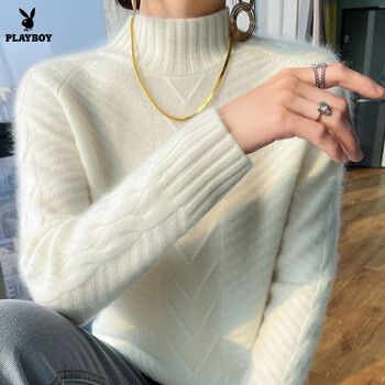 Playboy (playboy) 2026 autumn and winter regular style women's semi-turtle collar jacquard long-sleeved sweater loose fashionable knitted bottoming shirt official flagship white xl recommended 110-120 pounds