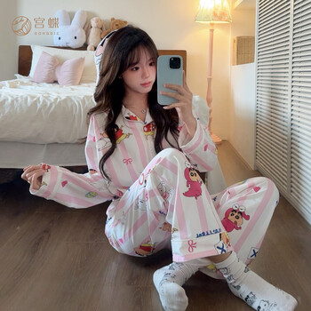 Gong die gift box crayon shin-chan pure cotton couple pajamas women's long sleeve spring and autumn style striped cartoon suit for men crayon shin-chan striped suit for women m (recommended 80-100 catties)
