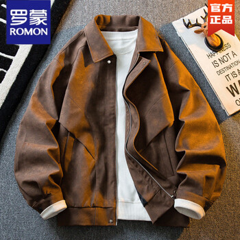 Romon american retro distressed suede leather jacket men's spring and autumn trend versatile lapel handsome motorcycle jacket top brown m