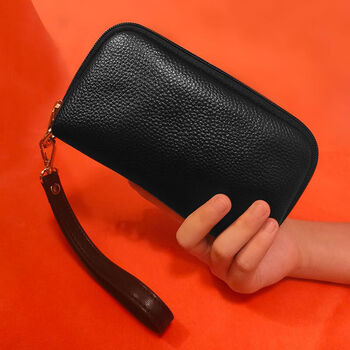 Fuyan new handbag women's zipper long wallet mobile phone bag large capacity clutch bag cowhide shell clutch bag black first layer cowhide length 19 height 10 thickness 4