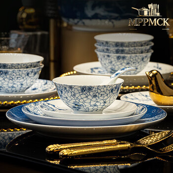 Tuojin jingdezhen ceramics blue and white porcelain tableware high white porcelain glaze medium color fresh bowl and dishes set bowls and plate ice plum for 6 people ice plum for 6 people gift box 38-piece set