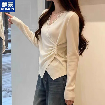 Romon lace splicing fat mm 2025 autumn and winter large size slightly fat flesh-covering inner solid color pinch waist slimming versatile top apricot l (recommended 100-120 pounds)