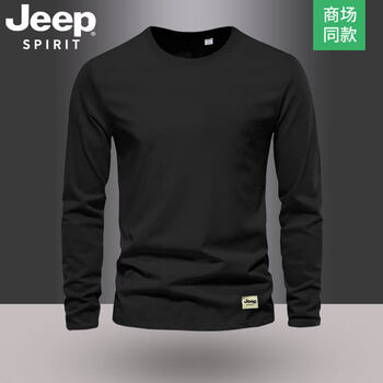 Jeep splrlt jeep pure cotton t-shirt men's long-sleeved spring and autumn new solid color top heavy casual round neck thick cotton t-shirt black xl 145-160 pounds