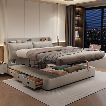 Italian style light luxury leather bed 1.8m master bedroom modern simple multi-functional high box storage double bed software large bed high quality/leather bed color note/delivery to home 1800mm*2000mm air pressure with three extraction structure
