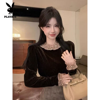 Playboy (playboy) autumn and winter new french style 2025 bottoming shirt women's gold velvet brown style top fashion long sleeve shirt women dark brown xl