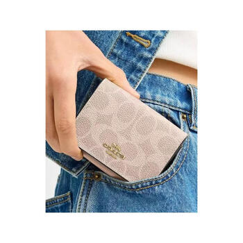 Coach multifunctional women's tri-fold wallet leather compact portable card holder coin purse storage beige no size