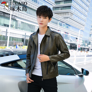 Woodpecker (tucano) leather jacket men's trendy brand 2026 spring and autumn new korean version trendy casual slim men's handsome motorcycle leather jacket military green 8921 m