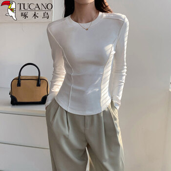 Woodpecker long-sleeved t-shirt bottoming shirt for women pure cotton inner wear spring and autumn 2026 new style right shoulder slim waist top white m