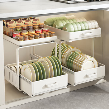 Shuaishi kitchen pull-out storage rack in the cabinet, dish basket, drain rack, seasoning rack, layered storage rack under the sink, silk-smooth guide rail pull-out, double-layer dish model, limited position, non-slip, all-in-one, no installation required