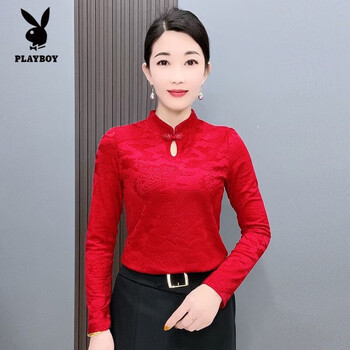 Playboy (playboy) velvet bottoming shirt for women new year's new style autumn and winter fashionable middle-aged mother's foreign style red top for women 1216-china red xl 90-110 catties