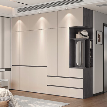 Yongsheng wardrobe bedroom household storage cabinet flat door simple large wardrobe multi-functional small apartment finished storage wardrobe gray walnut + khaki door 2 meter wardrobe + 0.4 side cabinet / 2.4 meter high