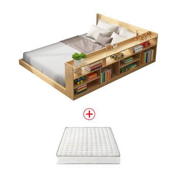 Yadeju tatami bed japanese style ins 12m 15m single double bed loft small apartment multi-functional bookshelf storage short bed single bed + side frame + mattress solid wood color 1800mm*2000mm assembled frame bed