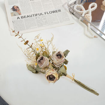 Fantasy style rose simulation flower vase ornaments living room coffee table flower arrangement vase table flower decoration simulation + handwritten flowers + light purple coffee x1