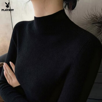 Playboy (playboy) new style bottoming shirt for women autumn and winter long-sleeved solid color sweater turtleneck sweater slim top versatile slimming official flagship black l 110-125 pounds