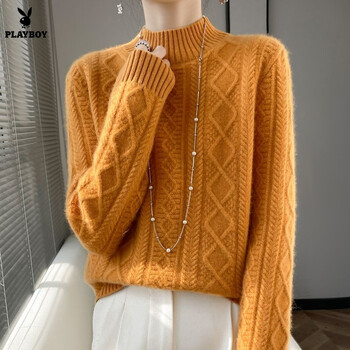 Playboy (playboy) 2026 new women's solid color autumn and winter sweater cable half turtleneck thickened loose knitted base sweater official flagship pumpkin orange s recommended 80-90 pounds