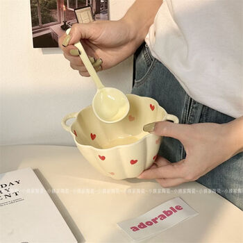 Pupan cream love ceramic double-eared bowl ins pumpkin bowl cute girly heart dessert bowl high-looking underglaze color tableware underglaze color high-quality porcelain microwave oven-friendly 2-piece set cream love 5.5-inch double-eared bowl + spoon