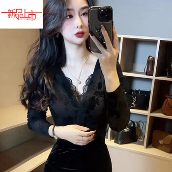 Yalu temperament v-neck lace bottoming shirt t-shirt for women spring and autumn new design with sexy slim fit and western style top black 2xl recommended around 120-130 pounds