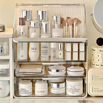 Fantasy product storage box, dressing table, skin care product shelf, facial mask organizer box, side opening + moonlight white, dustproof and large capacity